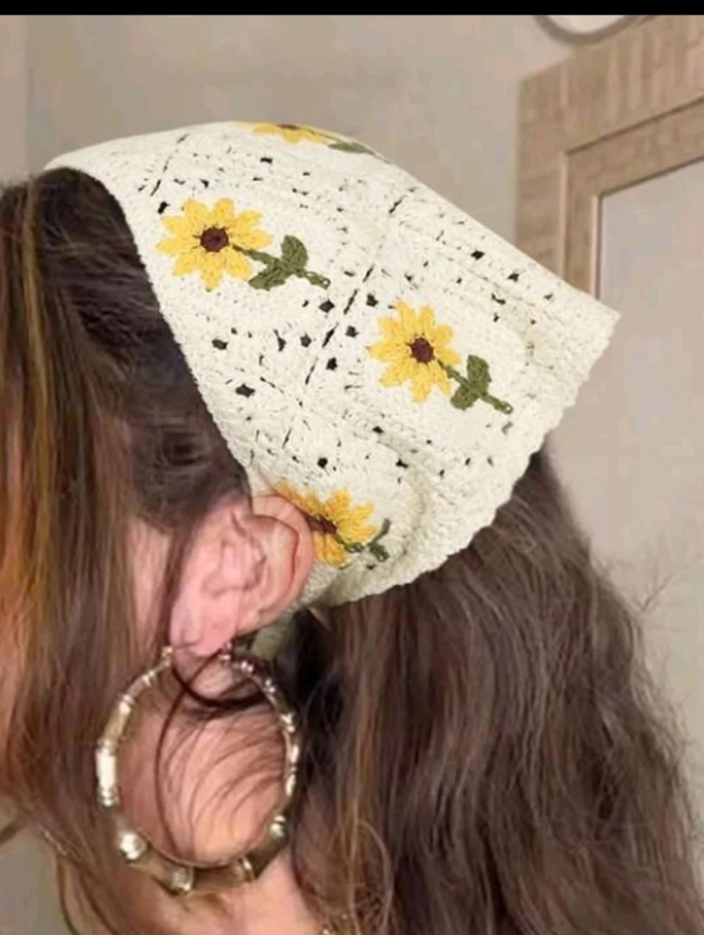 Crochet Cream Yellow Sunflower Bandana Hair Scarf Boho Summer Cottagecore
